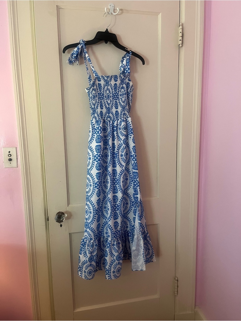 Blue and White Printed Tie-Strap Summer Maxi Dress